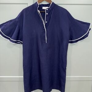 Socapri Women's Italian Flax Linen Navy White Dress Flutter Sleeve Pockets 42 -6